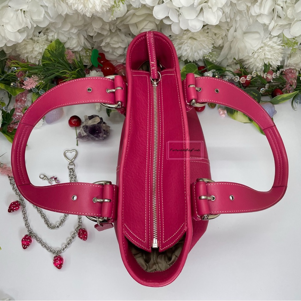 Y2K Vintage Coach Hot Pink Pebble Leather Tote Bag & Strawberry Charm Chain SET - Picture 11 of 16